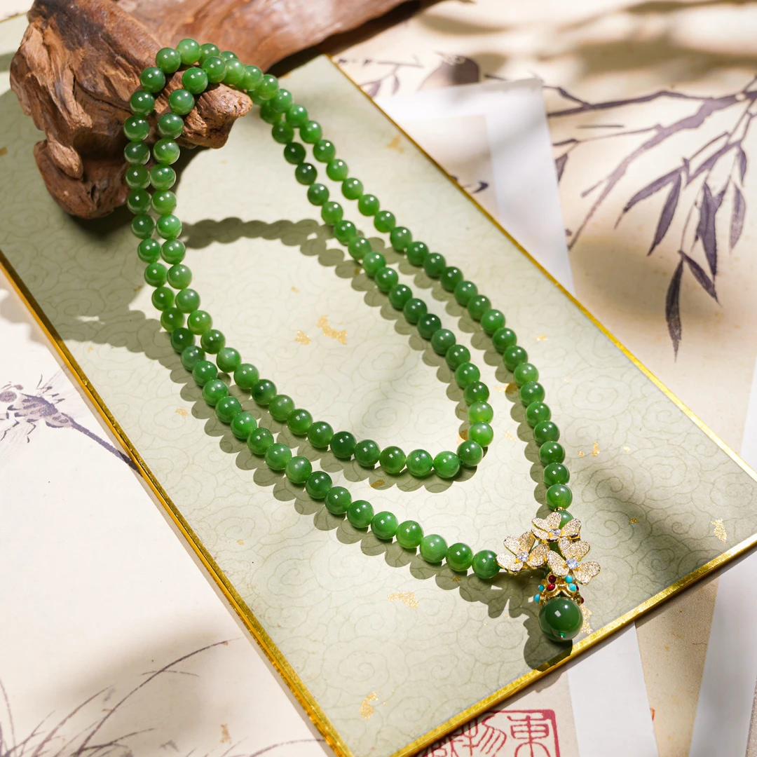 【矿姐珠宝】和田玉碧玉7-8mm长项链108毛衣链气质多圈女款莲花