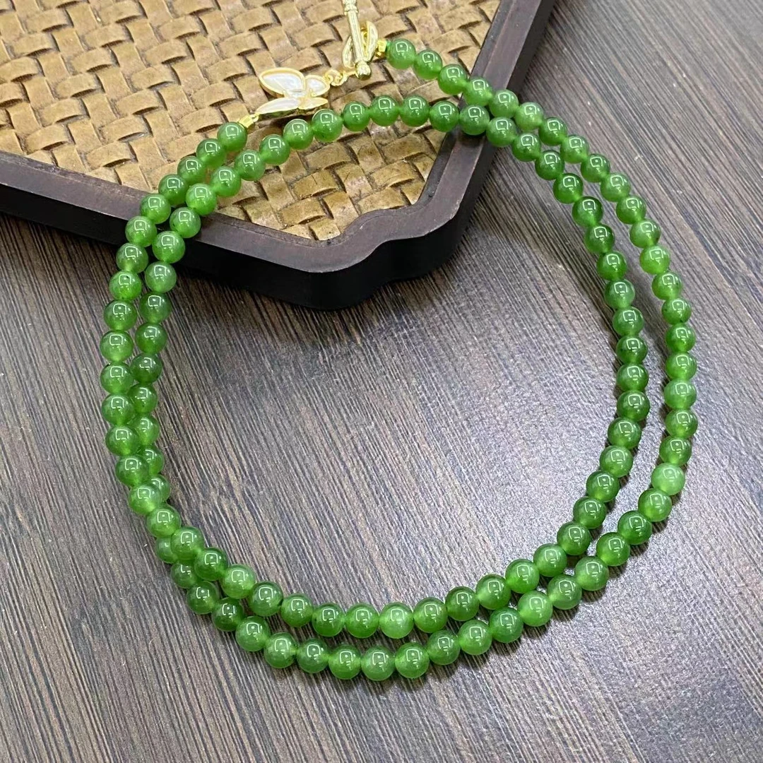 【矿姐珠宝】和田玉碧玉108项链5-6mm微黑蝴蝶长项链时尚女款长链