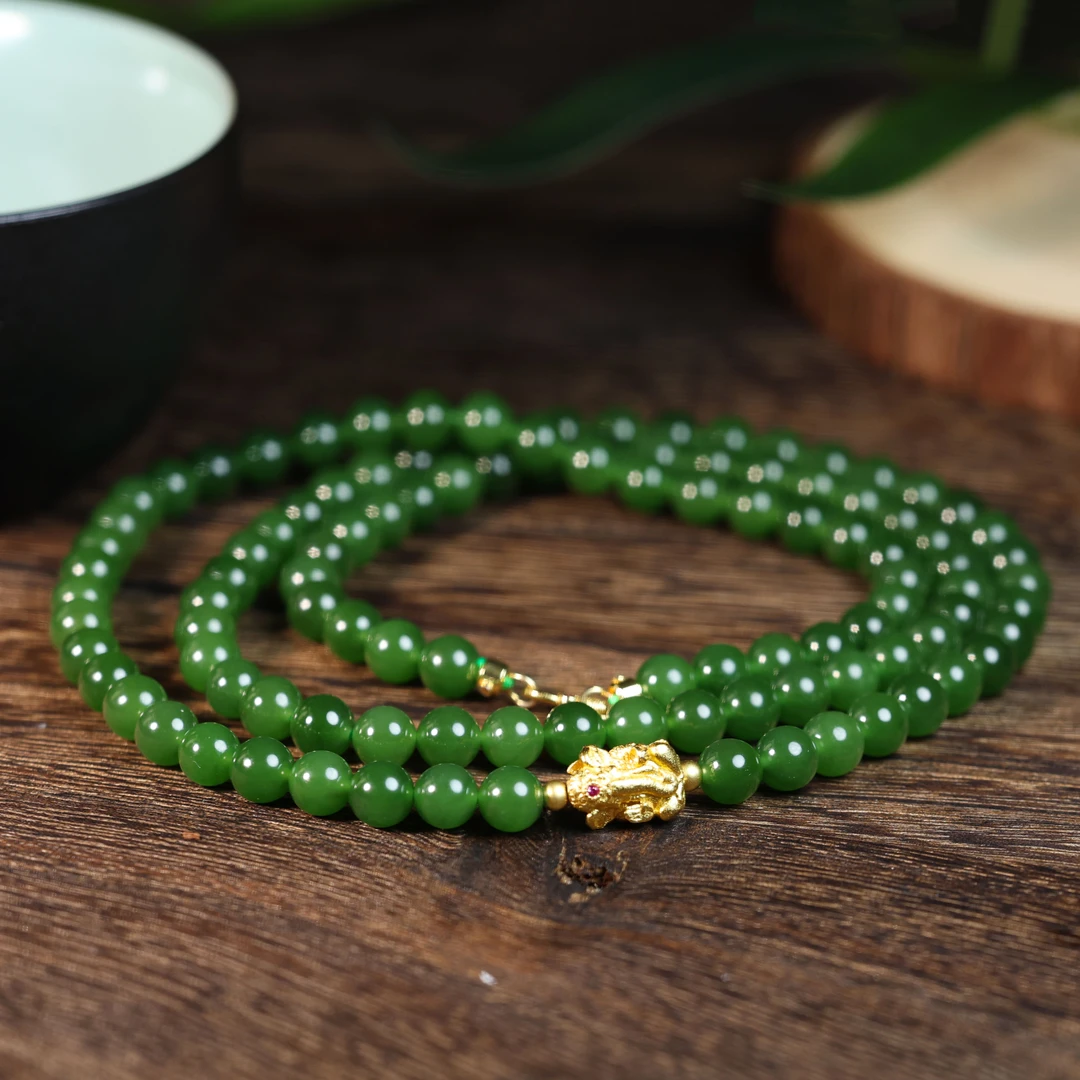 【矿姐珠宝】和田玉碧玉无黑点108项链5-6mm百搭长链时尚精美貔貅