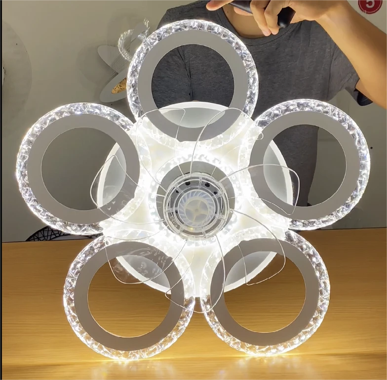 五环水晶吸顶风扇灯吊扇灯简约主卧吸顶灯大气房间遥控护眼节能