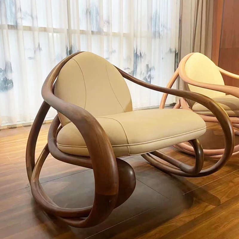 现代大人摇椅北美黑胡桃木头层真皮阳台懒人椅别墅客厅休闲摇椅