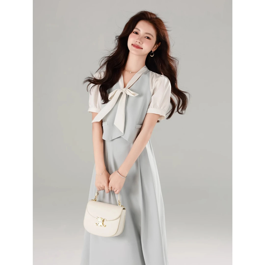 DY【温柔奶蓝】2024夏季假两件简约气质显瘦连衣裙1420672LP