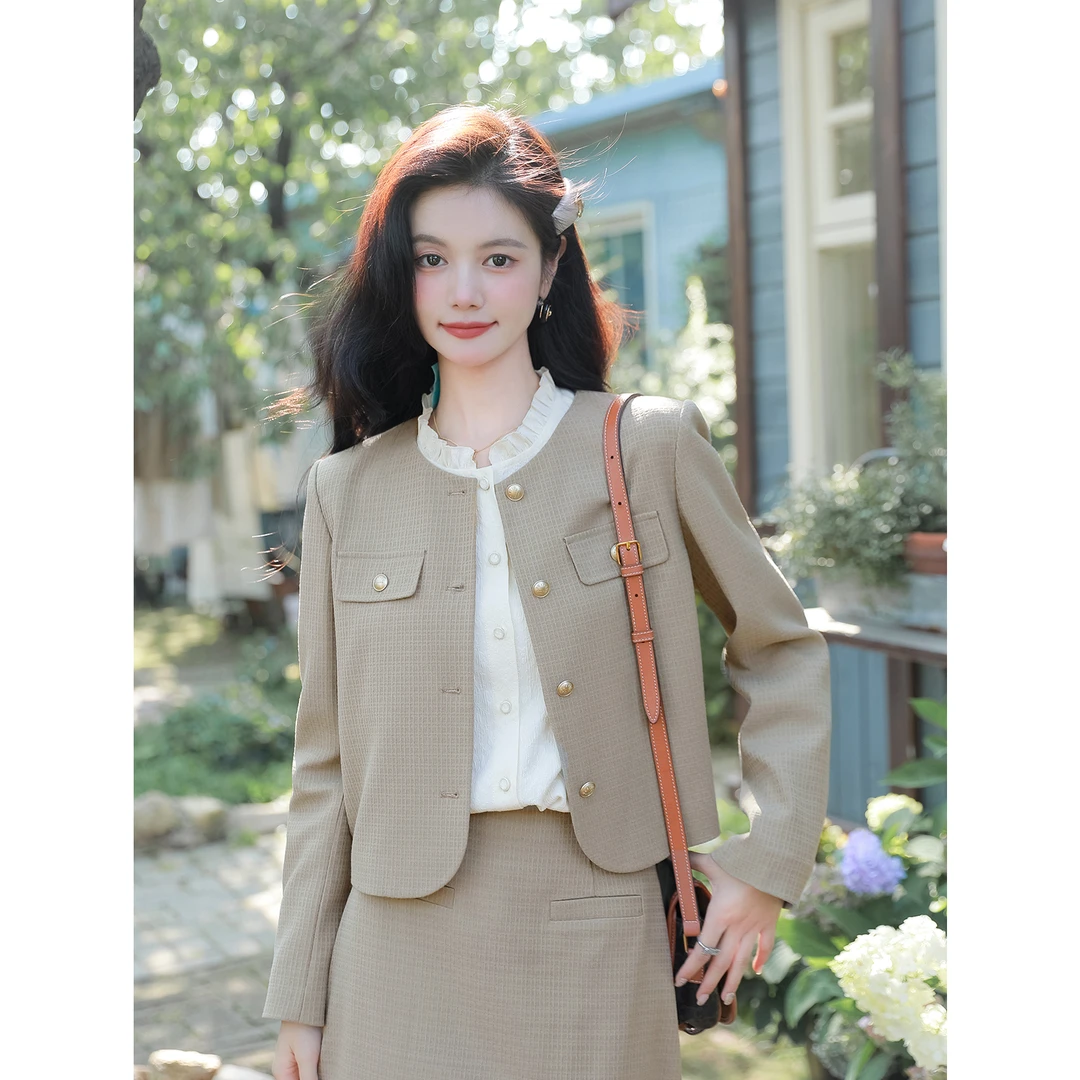 宿本 气质格子短外套2024春秋长袖法式上衣两件套套装1330919WC