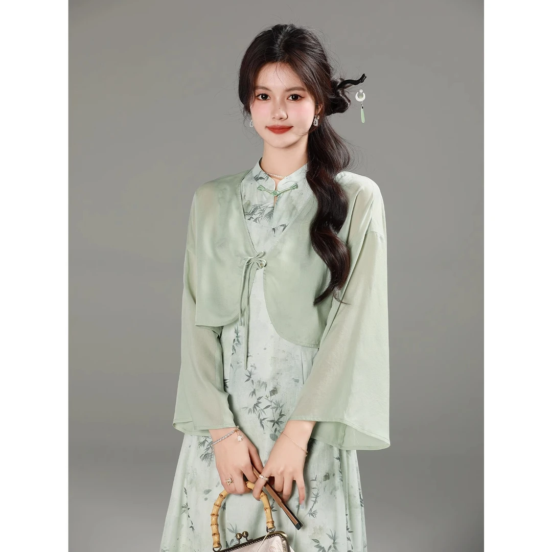 【竹楼听雨】2025夏季新中式国风短款罩衫+吊带裙套装1420466LP