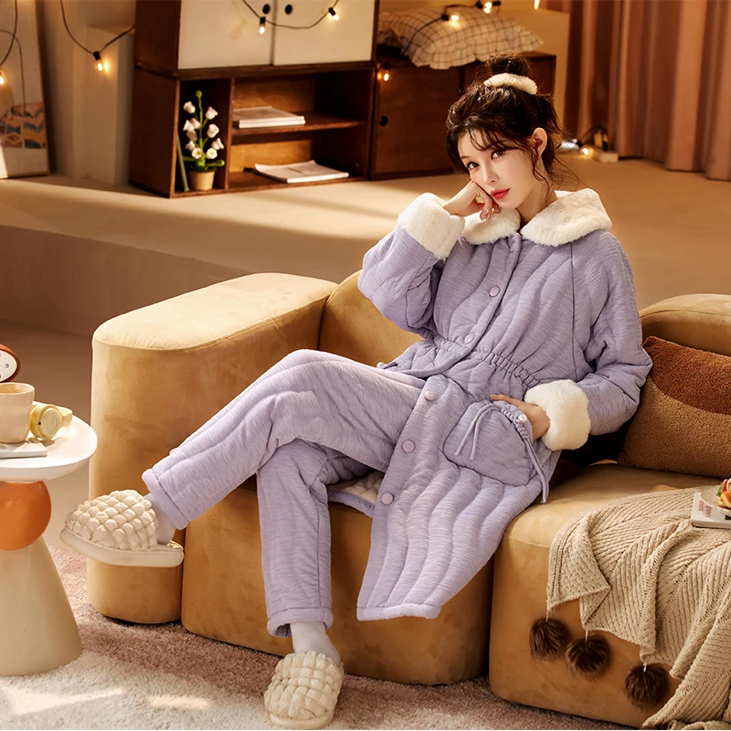 秋冬季2024新款韩版时尚盘扣睡袍女三层夹棉加绒加厚保暖家居睡衣