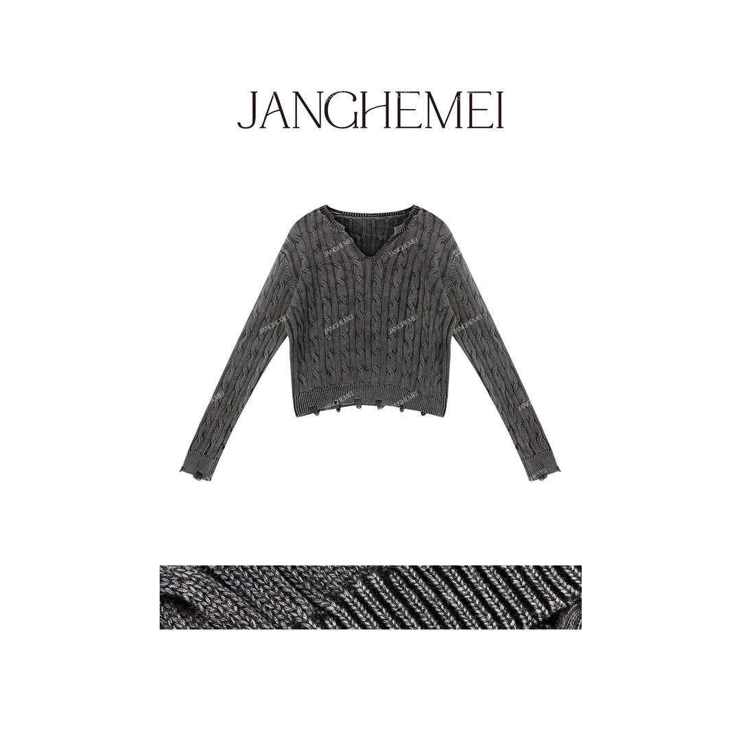 JANGHEMEI【索引】100%棉毛边麻花慵懒风短款长袖毛衣 M25579M43