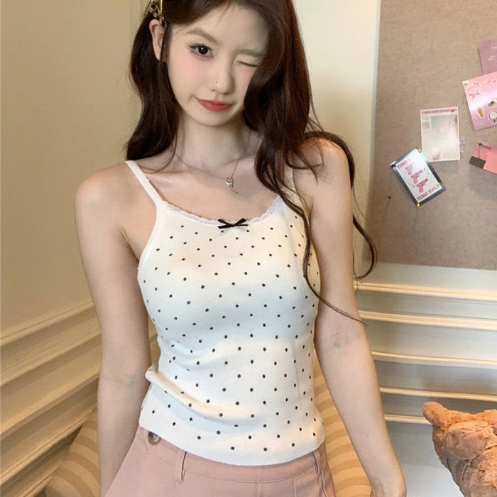 性感纯欲蕾丝波点吊带美背小背心辣妹减龄设计感修身短款打底上衣