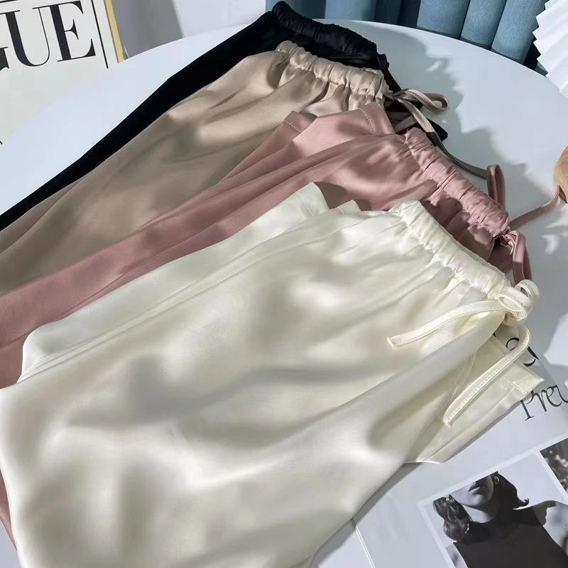 高级感醋酸慵懒风高腰薄款阔腿裤女春夏缎面直筒冰丝凉凉裤9901#
