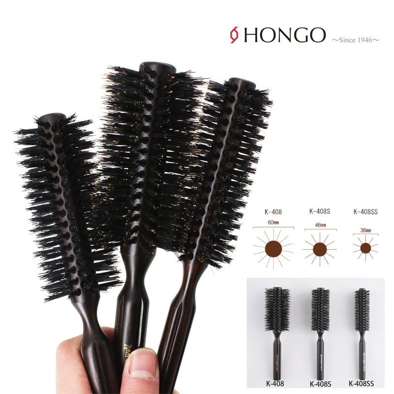 日本HONGO K-408黑檀木猪鬃毛滚梳人气发型推荐款耐用刘海卷发梳