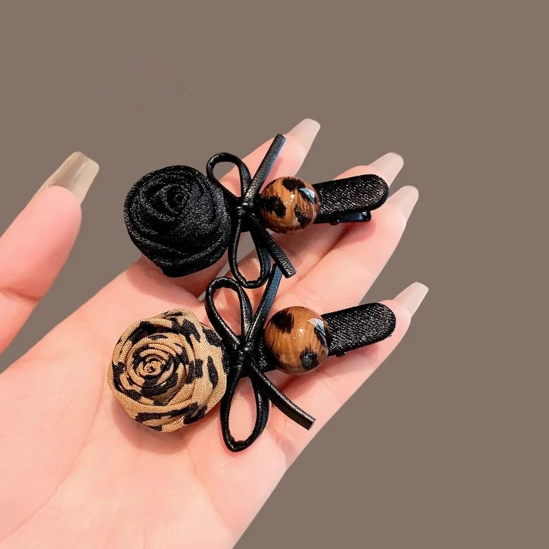 罗太太复古豹纹玫瑰花发夹侧边刘海夹一字夹精致鸭嘴夹顶夹发饰