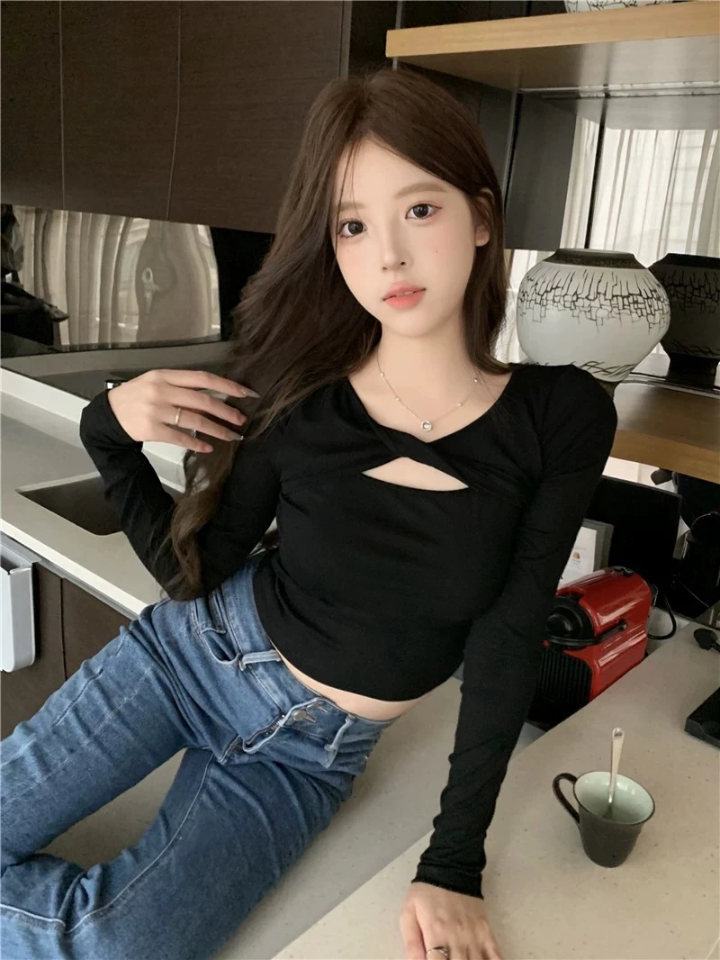 大码纯欲小心机简约长袖胖mm遮肉显瘦打底衫