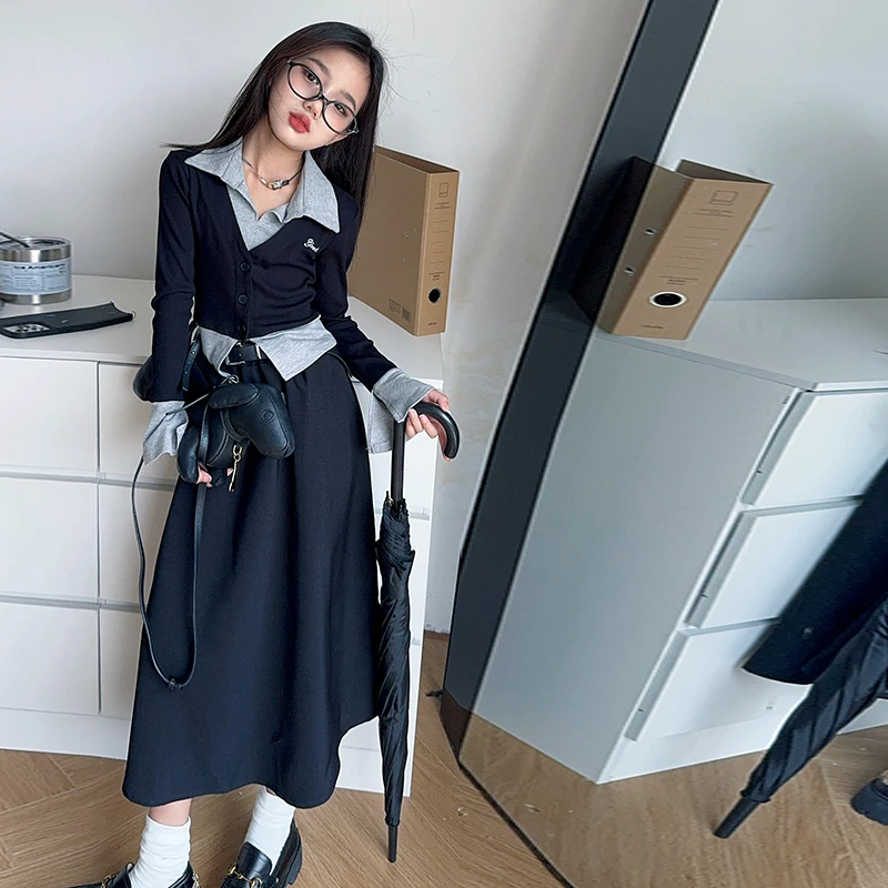 【影宝专属】韩版女童洋气2024儿童时尚上衣POLO领假两件衬衫套装