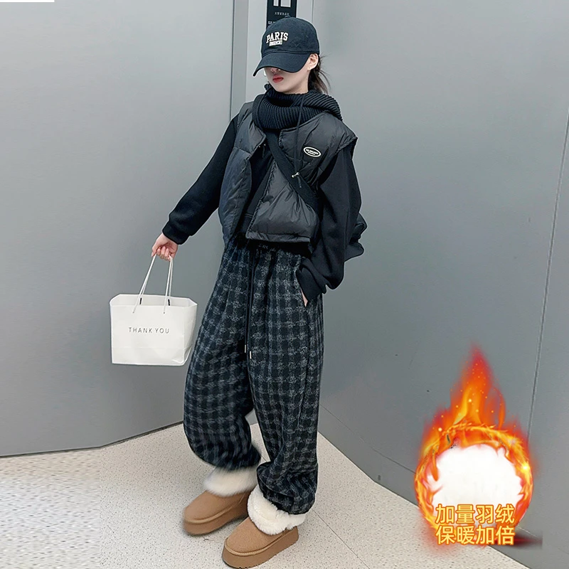 女童洋气时髦冬季韩版套装2024新款冬时尚保暖加绒卫衣＋格子裤