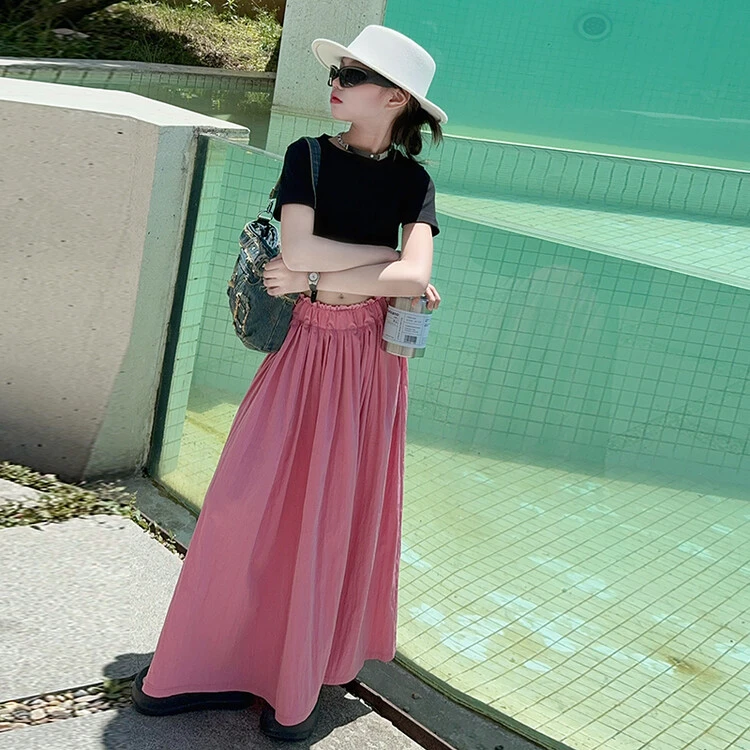 女童粉色百褶半身裙套装黑色2024夏辣妹休闲裤流行炸街两件套洋气
