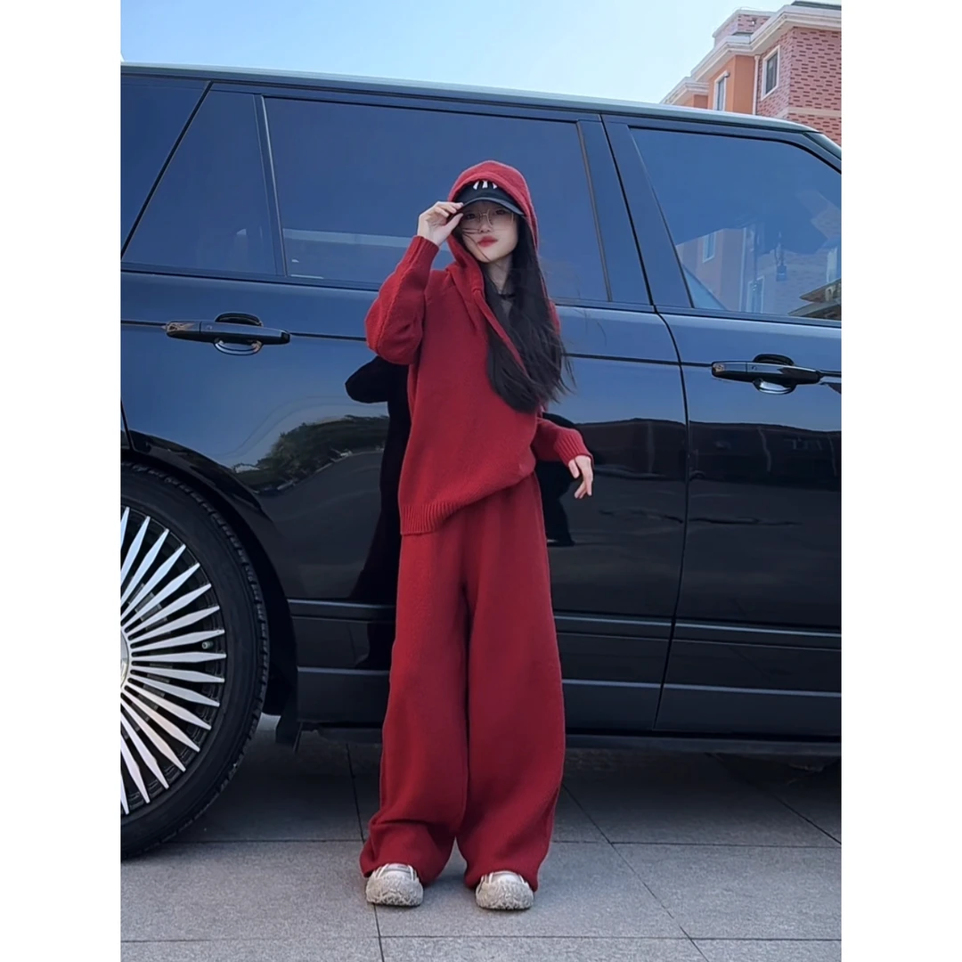 韩系新款慵懒风套装女童宽松连帽针织衫气质穿搭垂感阔腿裤潮套装