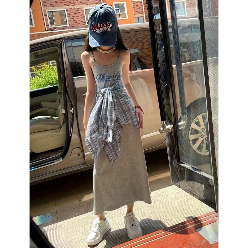 女童灰色字母吊带裙夏款2024新款洋气百搭儿童显瘦设计感气质套装