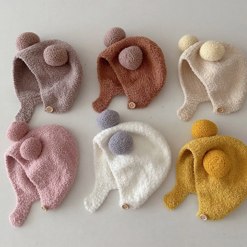 韩版ins洋气婴儿护耳帽可爱秋冬款保暖防寒舒适婴儿双球软糯包头