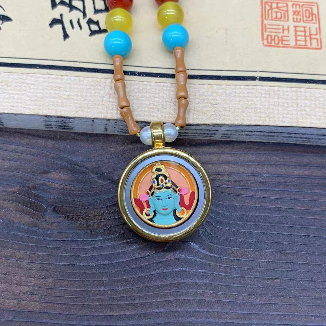 铜合金木质吊坠 276 绿度母擦擦彩绘 项链吊坠 竹节项链