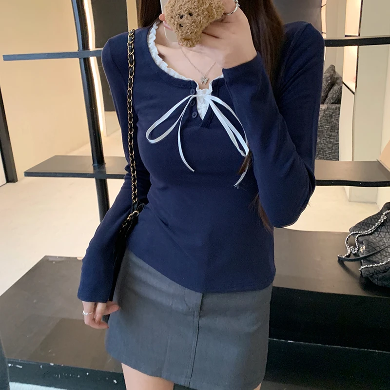 假两件设计感韩版甜美2024秋季新款显瘦修身百搭长袖打底衫上衣女