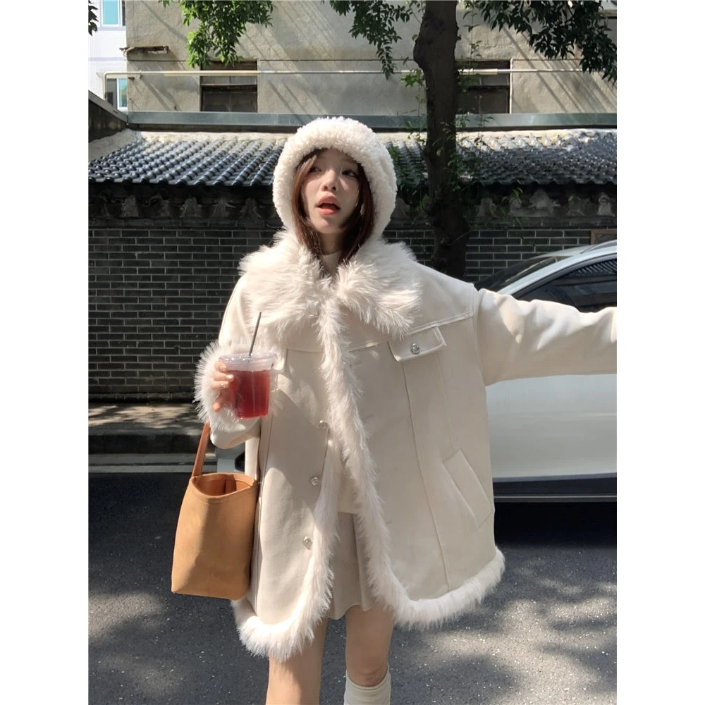 大码毛毛拼接翻领夹棉外套女2023冬季中长款宽松保暖可爱开衫上衣