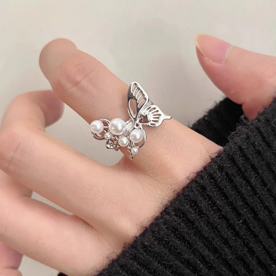 大蝴蝶银戒指立体镂空开口戒指女小众设计百搭食指戒ins指环潮