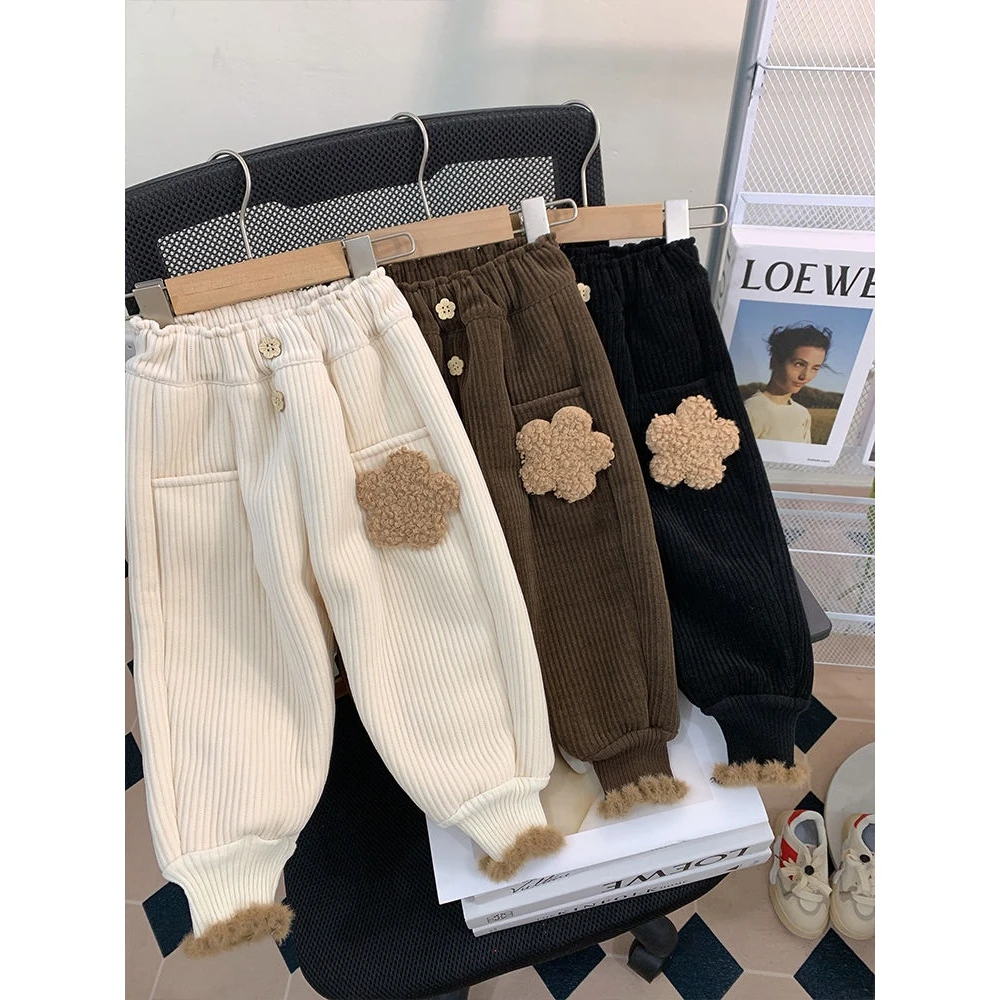 女童2023冬装新款洋气加绒加厚裤子儿童灯芯绒长裤宝宝休闲卫裤