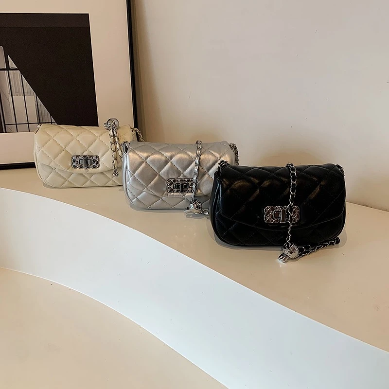 菱格链条香风高级银色单肩包包2024时尚新款斜挎包高级百搭小方包