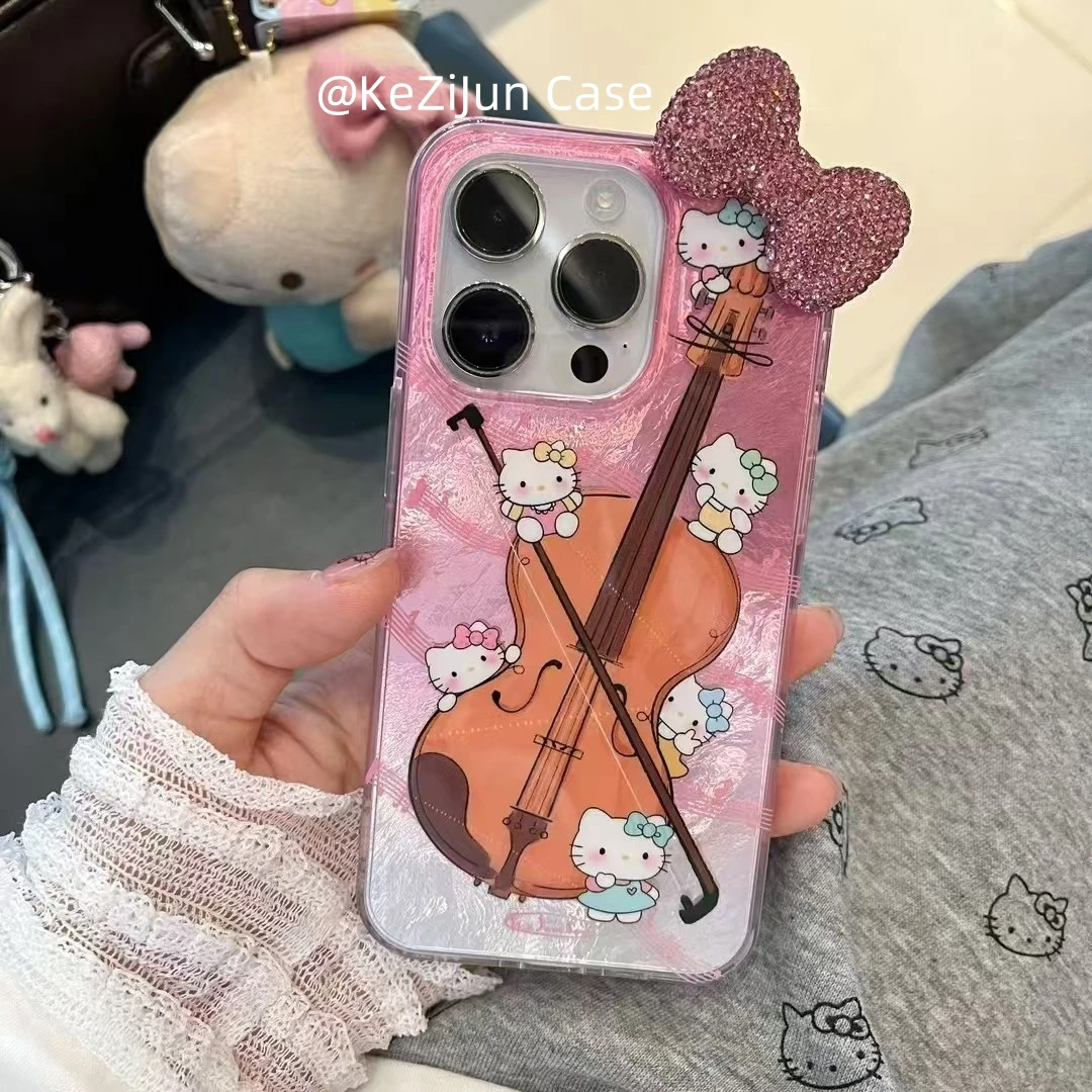 适用iphone16promax手机壳闪钻蝴蝶结苹果15小提琴KT猫14pro13壳