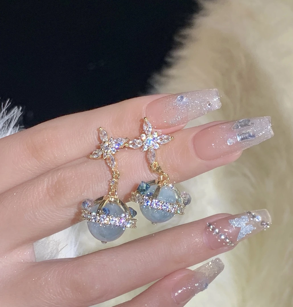 铜合金耳饰 「小宇宙」韩国创意手作海蓝石蓝色星球5264