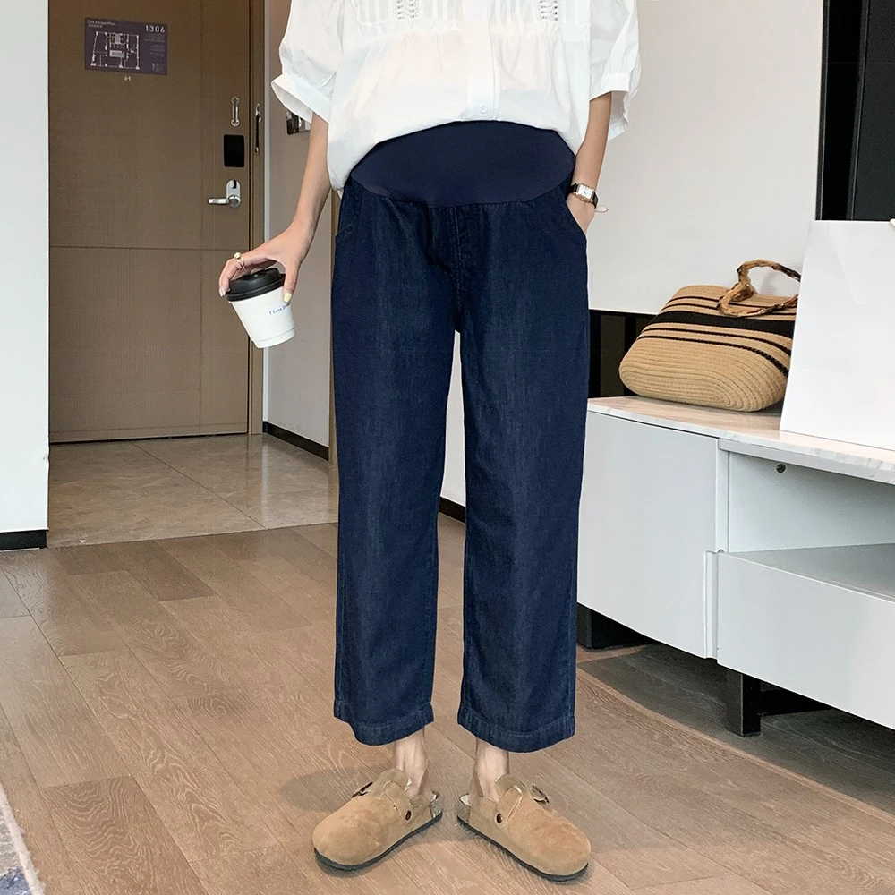 #透气清爽薄款 孕妇萝卜裤宽松高腰托腹显瘦阔腿裤九分牛仔裤