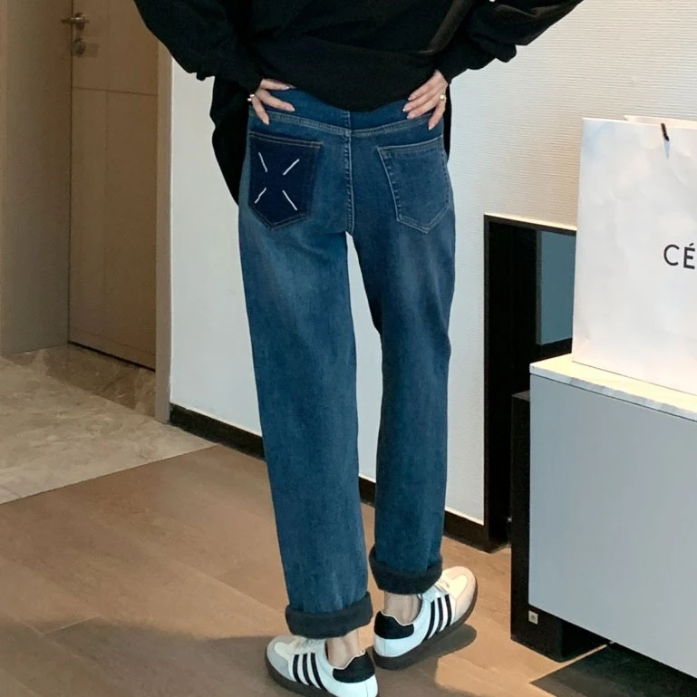 梨形身材老爹裤马吉拉~孕妇牛仔裤春秋装韩国高腰托腹直筒裤长裤