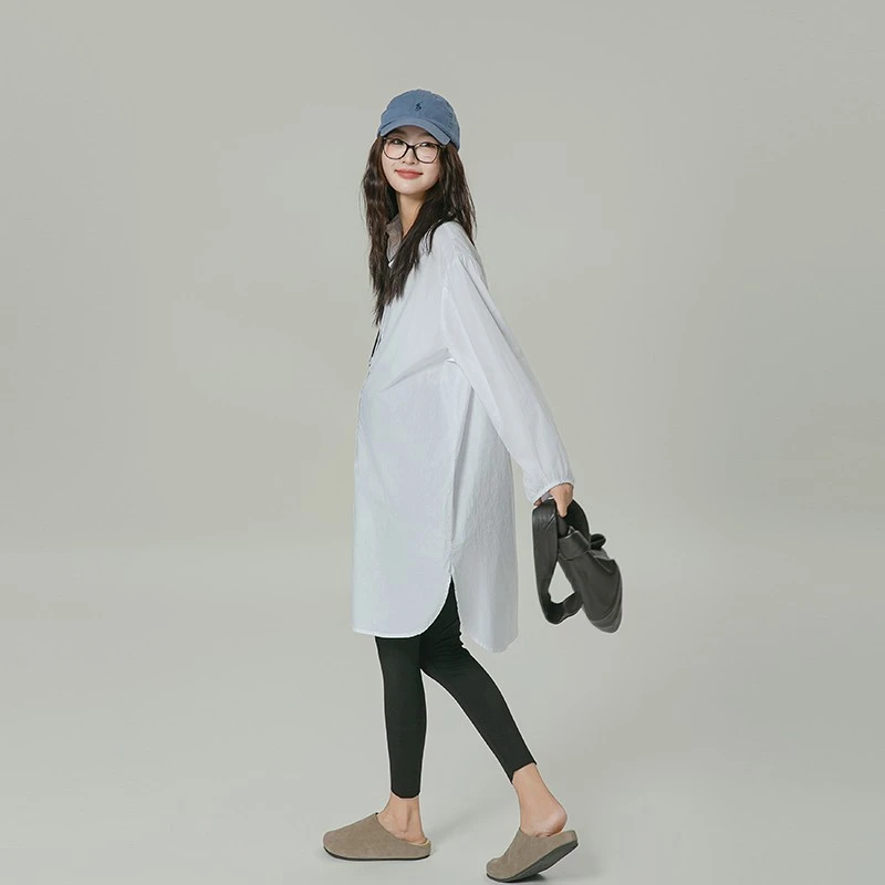 孕妇中长款衬衫连衣裙2025秋季新款简约泡泡袖白色时尚百搭上衣