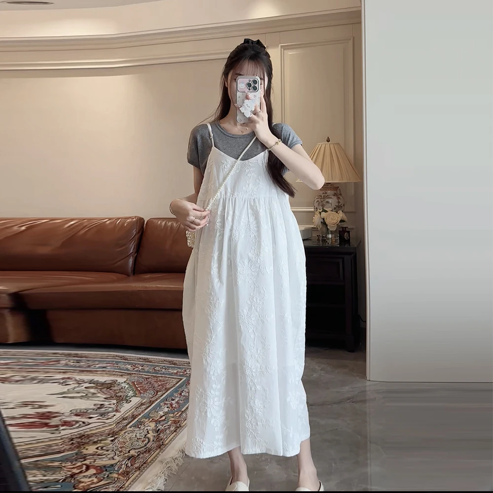 高品质重工刺绣~精致法式孕妇连衣裙夏季时尚白色仙女两件套长裙