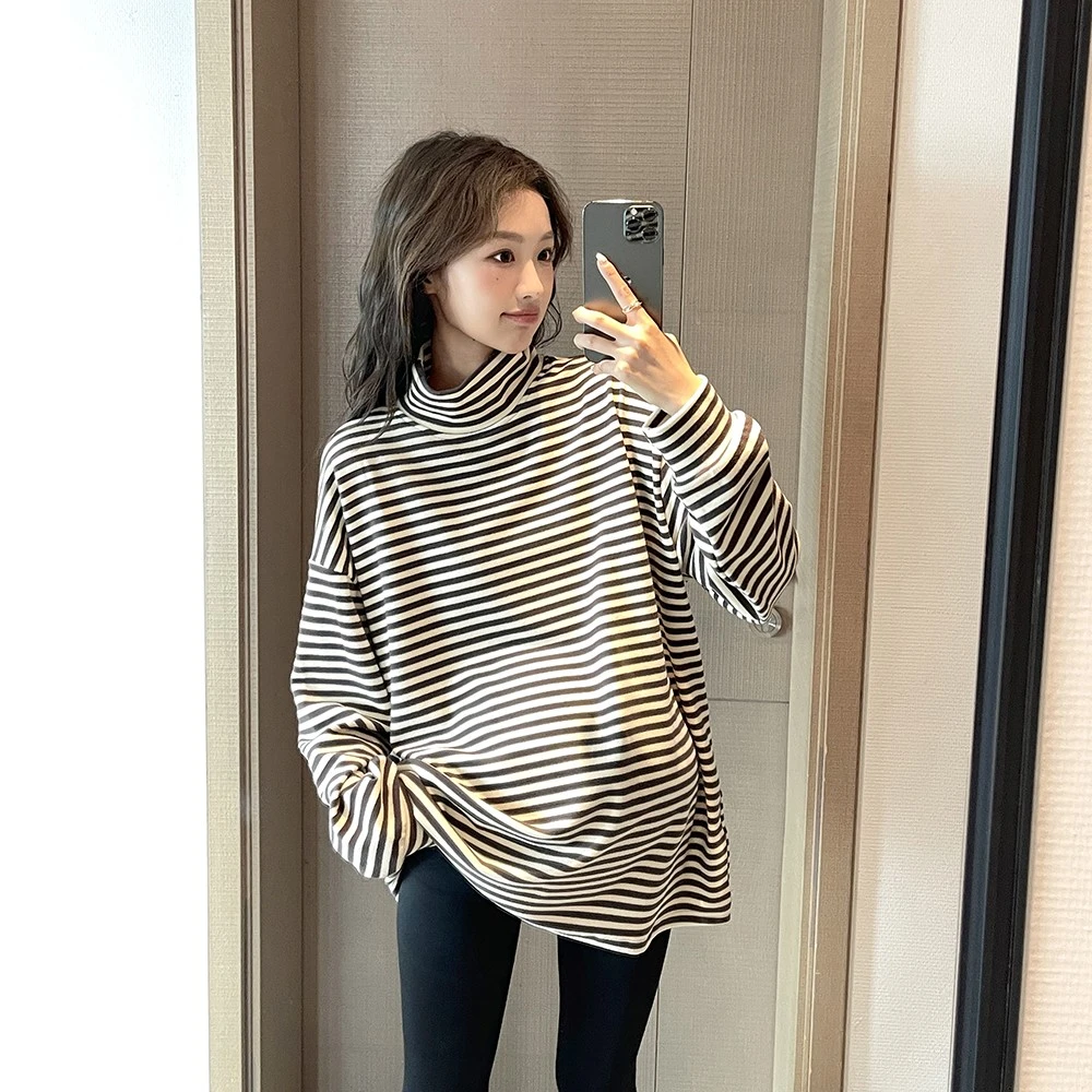 德绒保暖 孕妇打底衫秋冬立领保暖宽松长袖条纹T打底衫百搭款