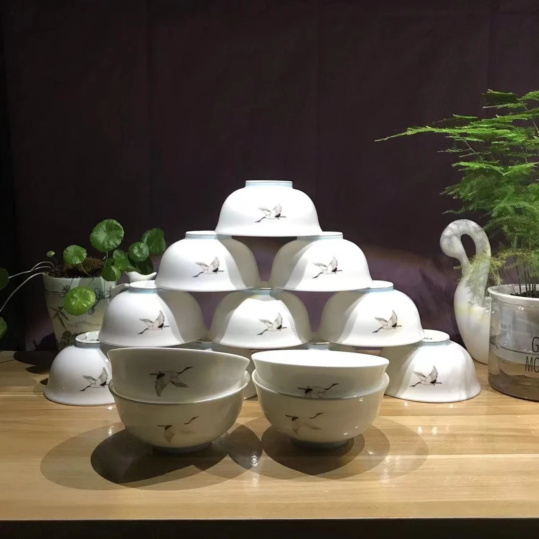 J&T简廷品牌骨瓷4.5英寸酒店家用中式吃饭碗简约松鹤图米饭碗