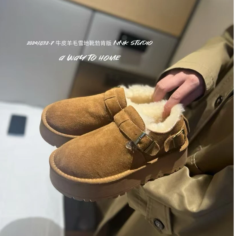 小蝴蝶家牛皮羊毛口勃肯雪地靴女2024冬厚底增高真皮毛面包鞋756