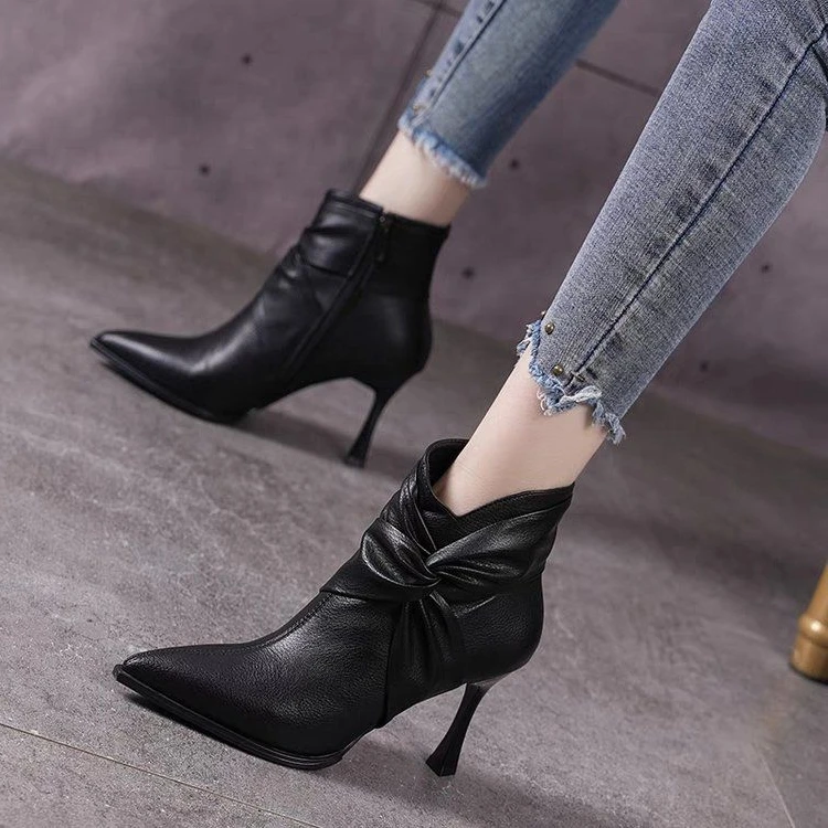 法式优雅时装靴女25爆款秋冬新款褶皱时尚高跟瘦瘦靴细跟尖头短靴