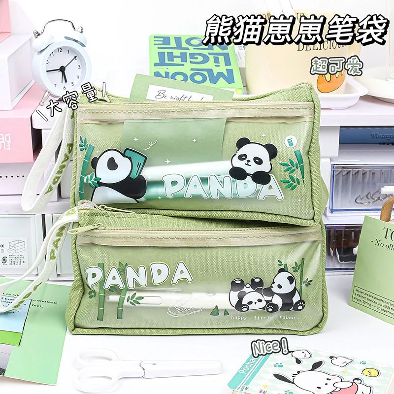 00969熊猫透明帆布笔袋ins多层式手提学生文具盒高颜值耐脏笔盒
