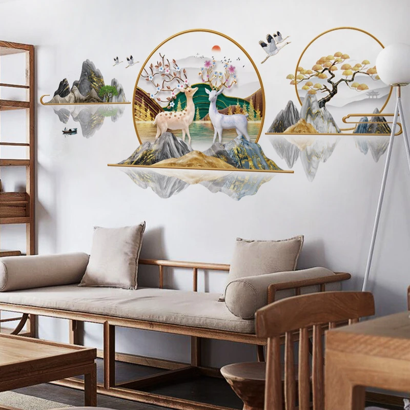 福鹿双全新中式国风山水画家居自粘墙贴美化房间客厅卧室墙面图案