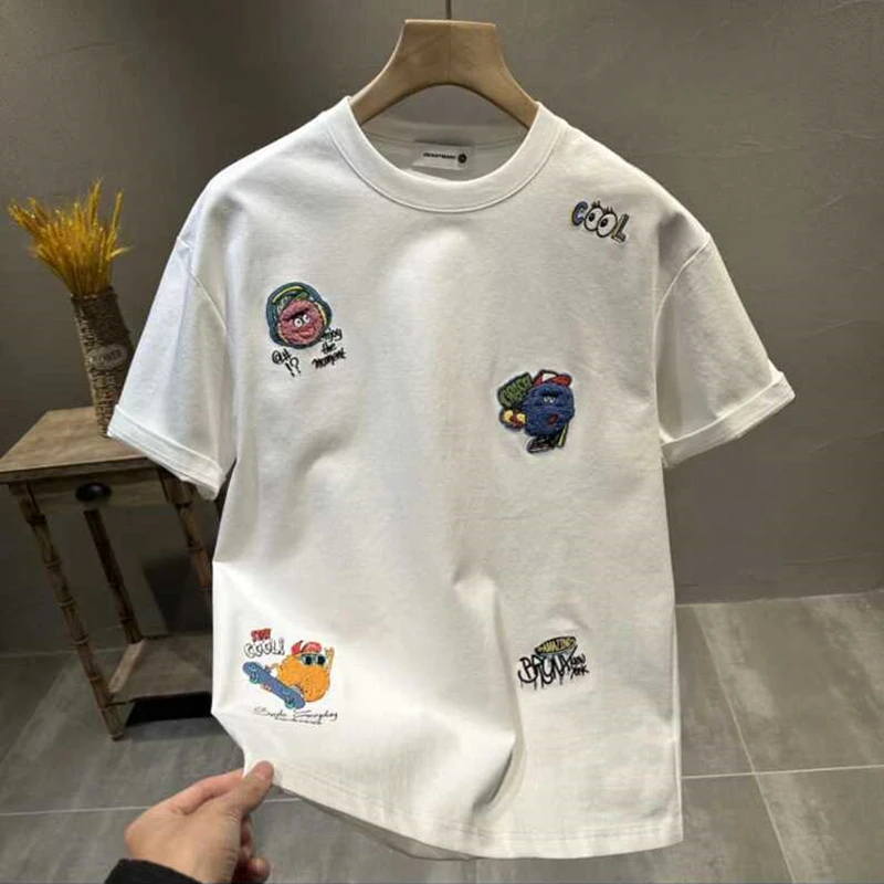 夏季男女同款毛巾绣休闲半袖白色百搭情侣圆领纯棉短袖卡通刺绣t