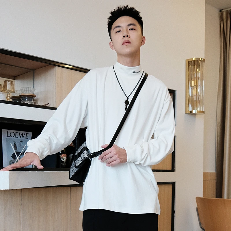 NOT TO EXCEED半高领弹力德绒刺绣长袖T恤男日系宽松打底叠穿上衣