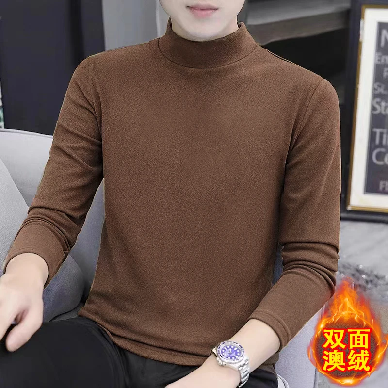德绒打底衫男款秋冬加绒半高领长袖t恤中领纯色加厚内搭衣服男士