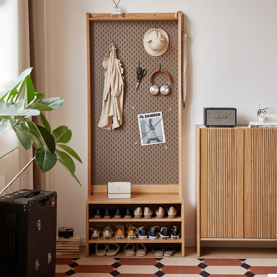 实木换鞋凳入户玄关鞋柜穿鞋凳挂衣架一体橡木凳子大容量隔断