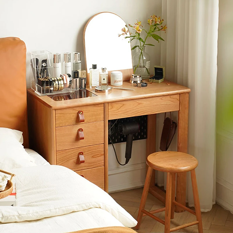 新款实木梳妆台镜子卧室简约现代轻奢小型樱桃木化妆桌