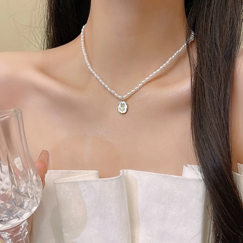 郁金香吊坠法式复古珠珠百搭项链韩系新款玫瑰花小众设计感常规链