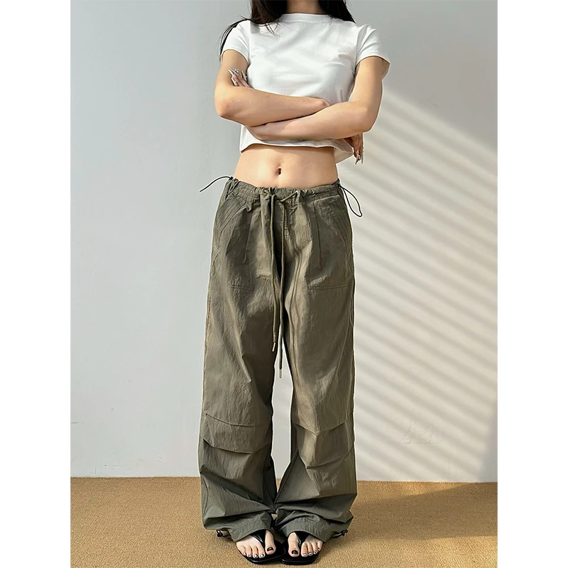 Don Cry美式灰绿色抽绳降落伞兵工装裤辣妹复古宽松休闲阔腿裤女