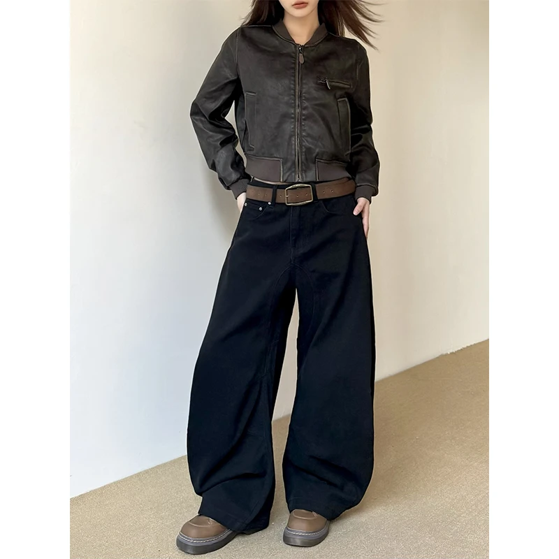 Don Cry 黑色廓形弯刀牛仔裤宽松阔腿新款男女美式复古设计感裤子