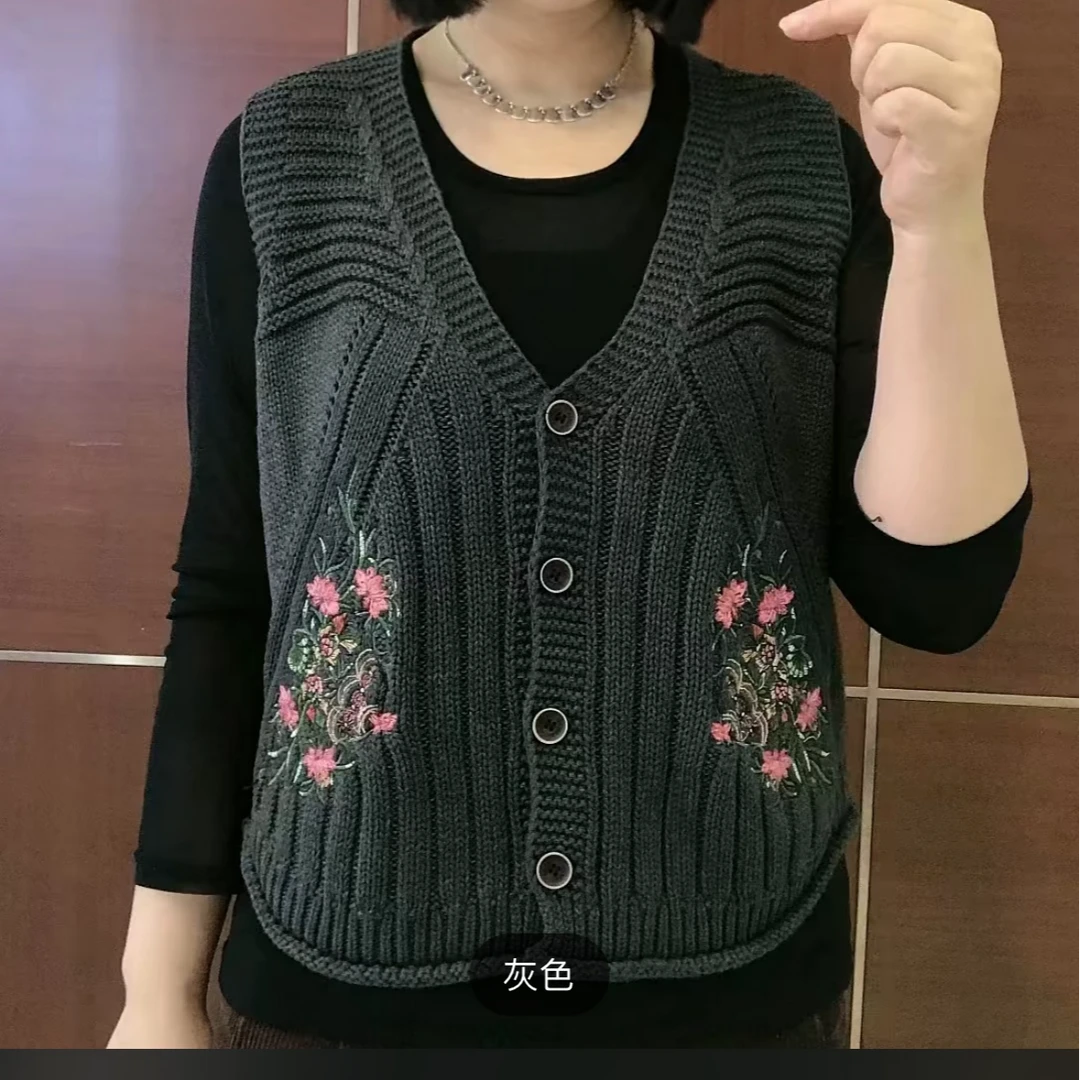 新款洋气针织绣花复古外穿马甲针织马夹外穿灰色马甲洋气马甲