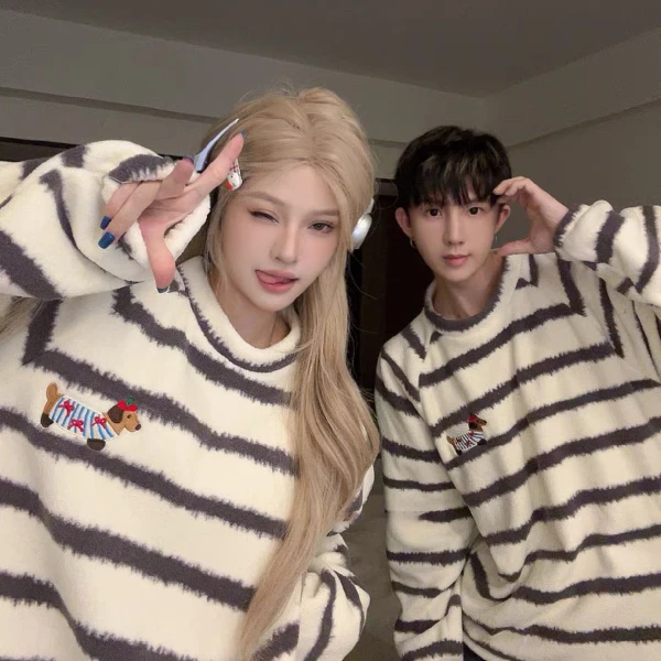 2023情侣款雪粒绒长袖睡衣长袖睡衣时尚百搭家居服套装