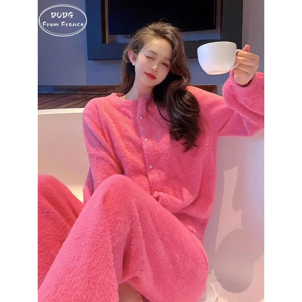 网红小香风睡衣冬季女新款半边绒加绒加厚软绵绵秋冬季毛绒家居服